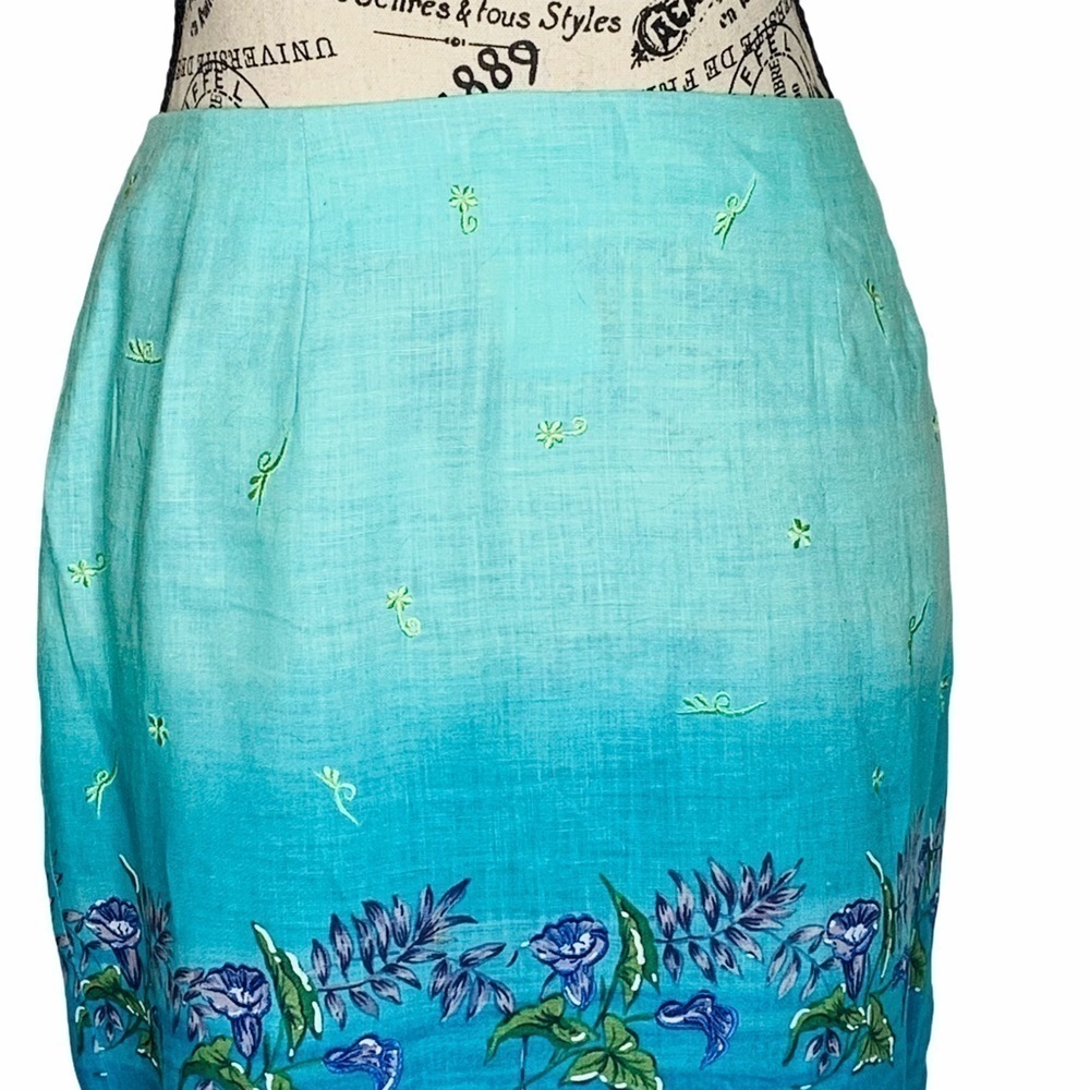 Jenna Ombre Embroidered Linen Sarong Wrap Maxi Skirt Size 12 Blue Green Floral - Picture 9 of 16